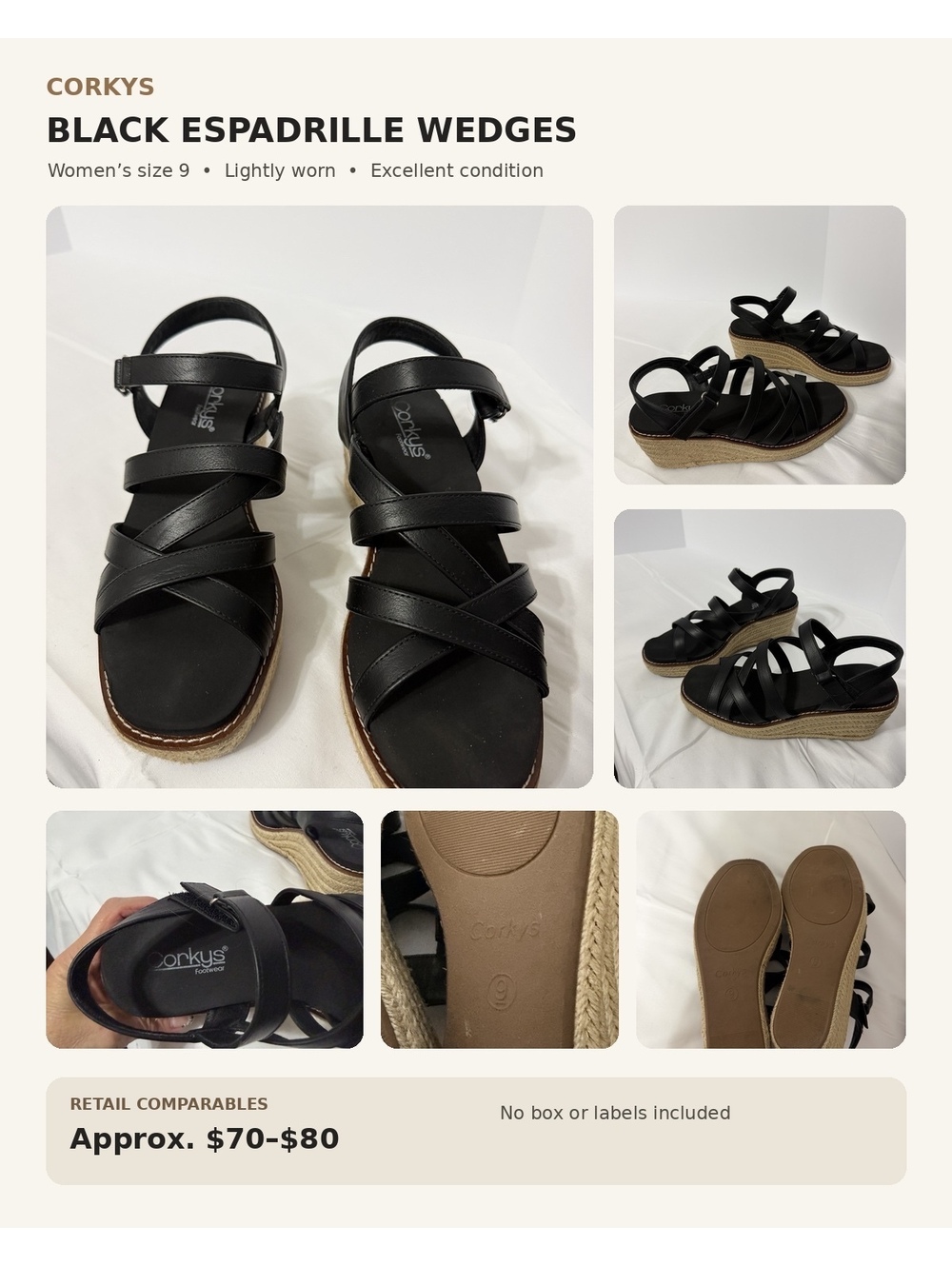 Corkys Black Espadrille Wedge Sandals, Women's Size 9